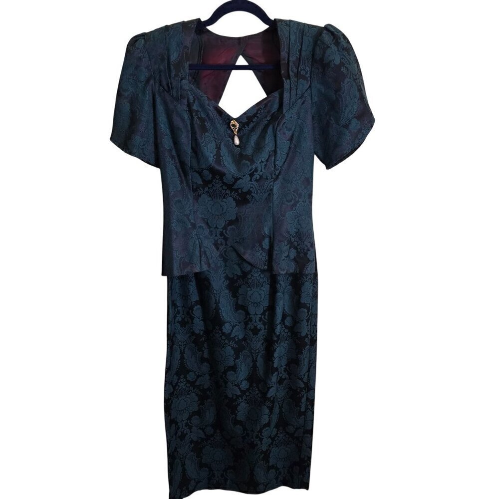Scott Mcclintock Vintage 80s Green Brocade Midi Dress Size 8